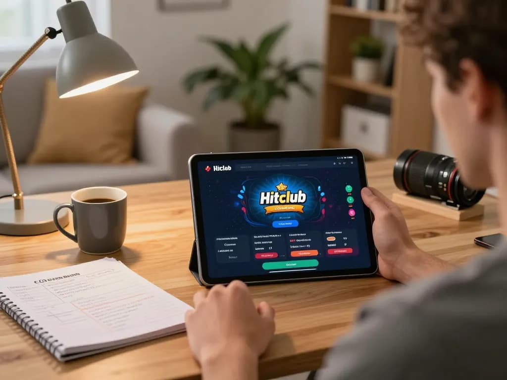 Engaged player using the Hitclub app for online gaming in a cozy home setting.