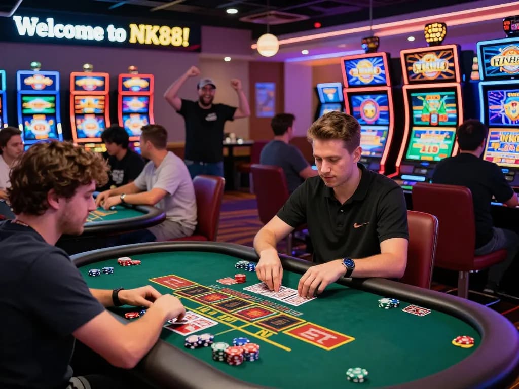 Exciting NK88 online casino gaming scene with players engaged at live tables and vibrant decor.