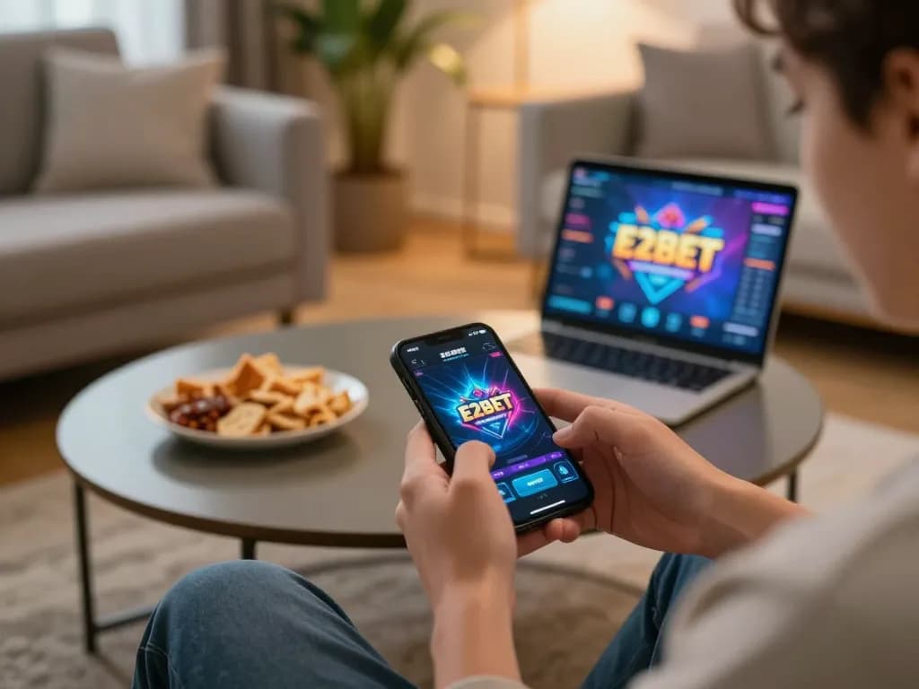 E2BET chính chủ offers an engaging mobile gaming experience, highlighting a focused player using the app in a cozy environment.