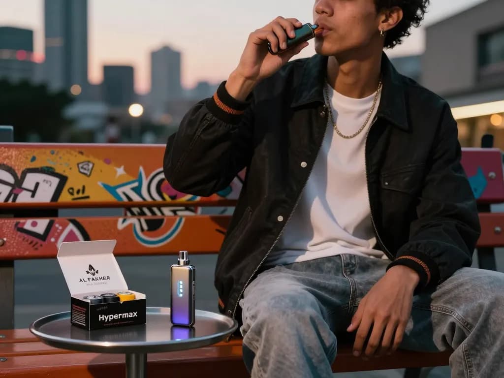 Genießen des Al Fakher 30K Hypermax Vapes in einer lebhaften städtischen Umgebung mit LED-Anzeige, die aufleuchtet.