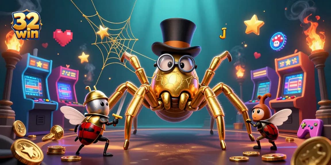 32 win reveals stunning online gaming adventures with a golden tarantula and heroic knight in a vibrant casino scene.