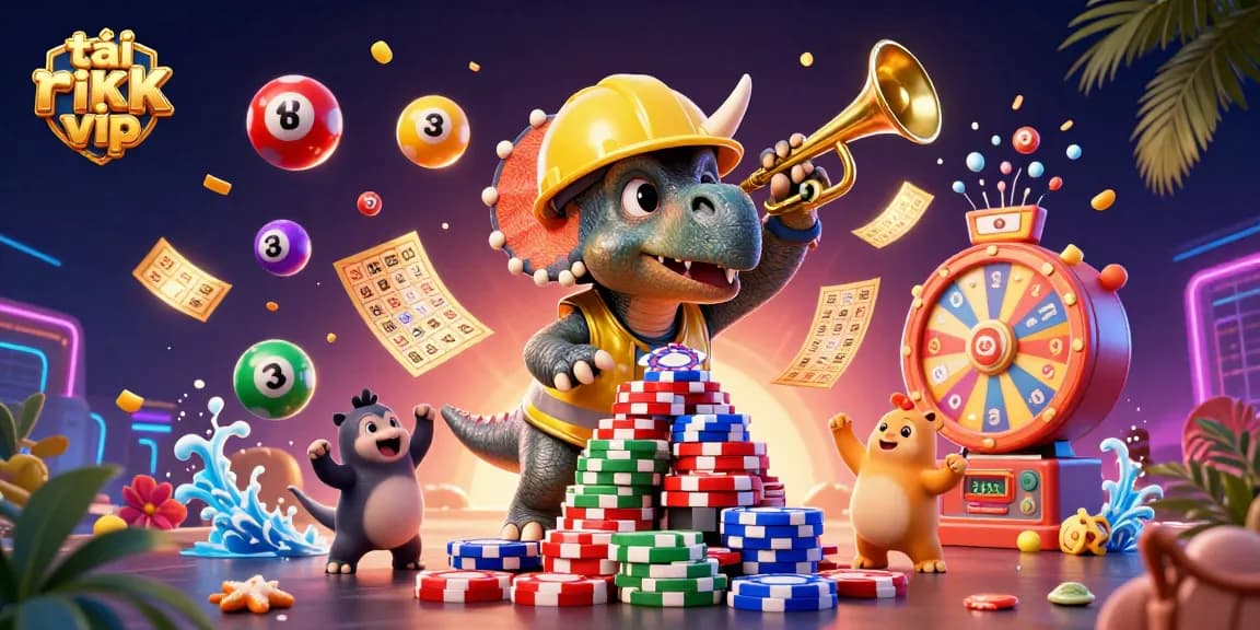 Engage in the excitement of tải rik vip with a vibrant 3D illustration of a dinosaur-themed casino atmosphere.