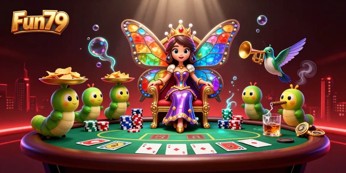 Join the excitement at Fun79 with a vibrant casino scene featuring a butterfly queen and colorful poker elements.