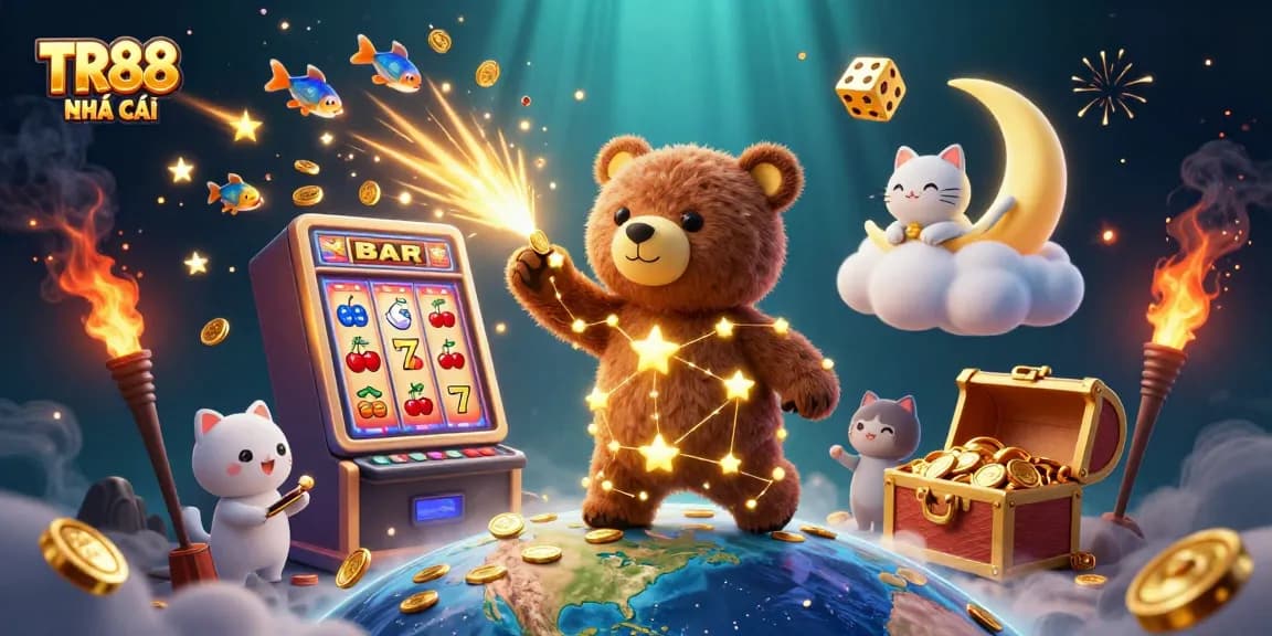 Experience excitement with TR88 NHÀ CÁI, as a constellation bear scoops up coins amidst themed casino elements.