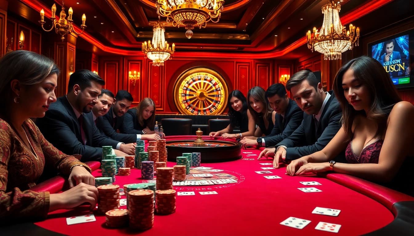 Exciting casino atmosphere showcasing high-stakes poker at https://www.vaoluoitv.com/ with colorful chips and cards.