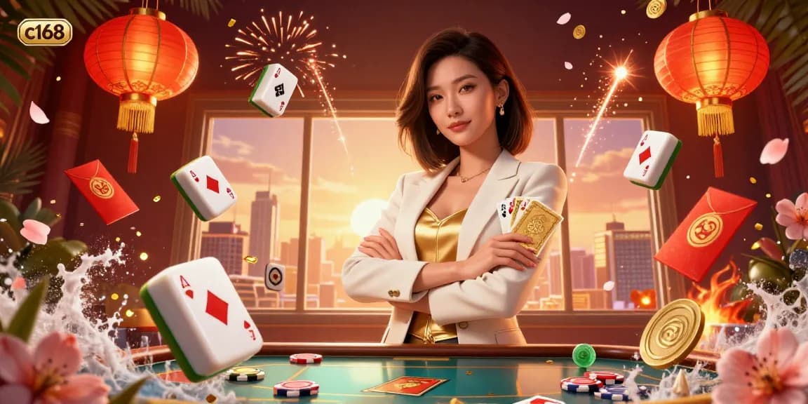 Win big at c168 casino with vibrant 3D illustration of a professional Asian woman holding poker cards, showcasing elite gaming.