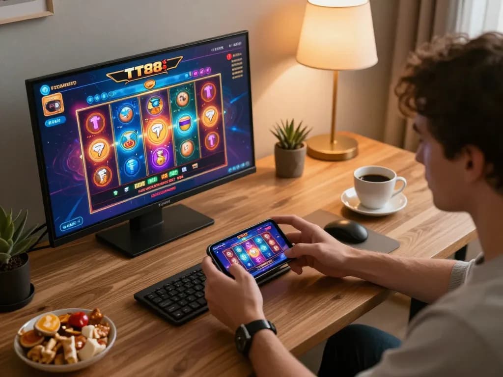 Engaging with the TT88 mobile app while celebrating a win in a cozy home gaming setup