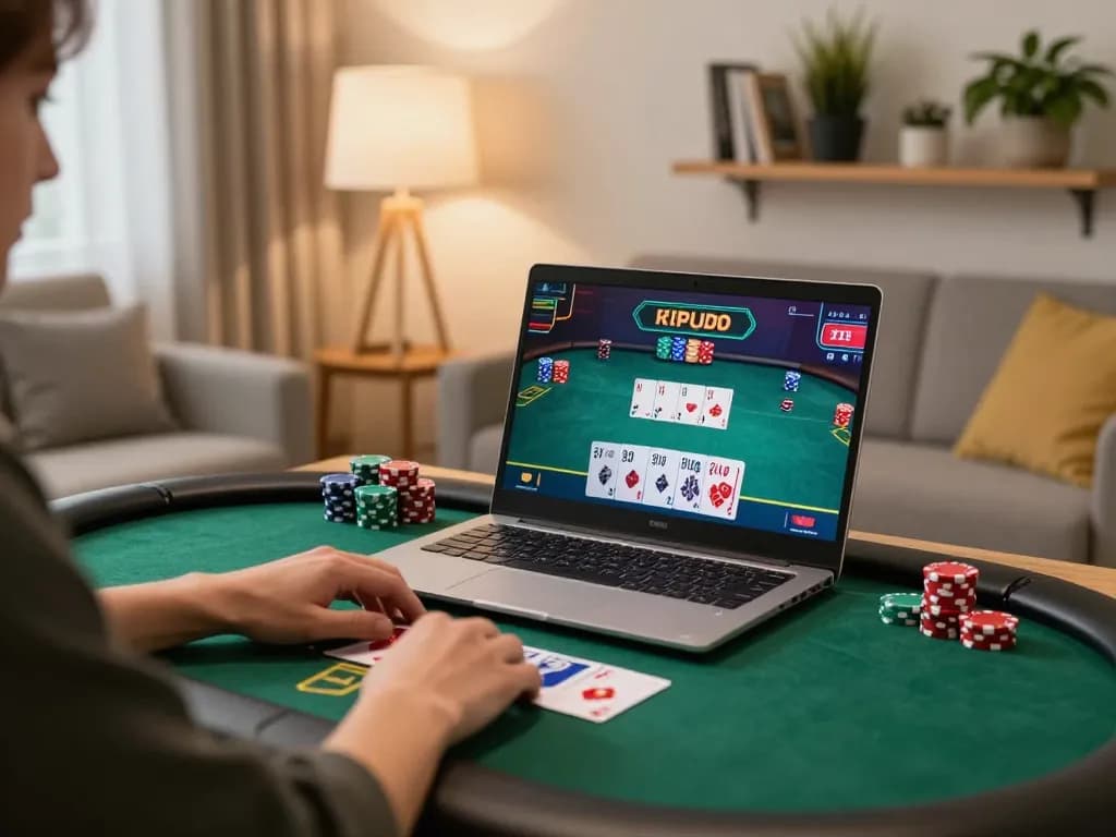 Engaged player using dn88 com for online poker in a modern home setting, showcasing strategic gameplay.