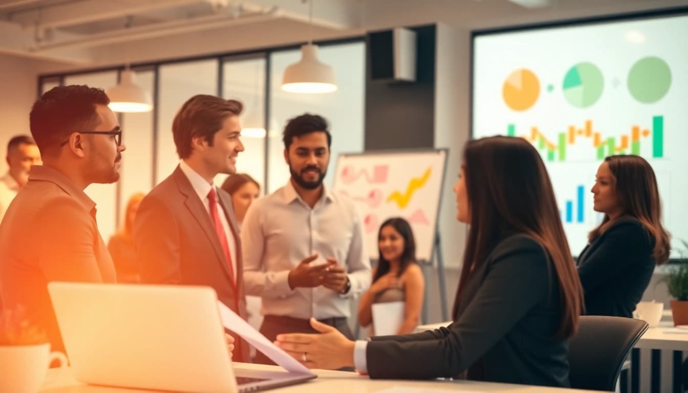 Consultants discussing strategies in a modern office setting at Unternehmensberatung.