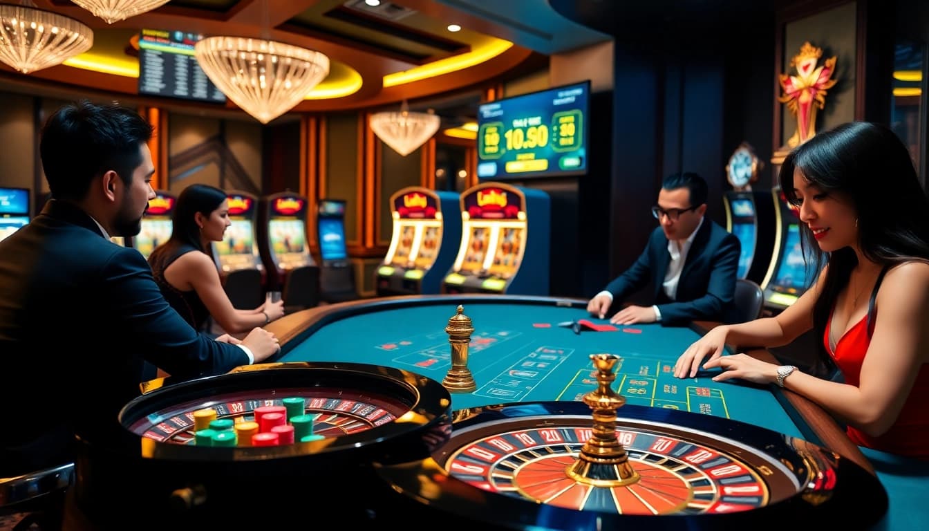 Exciting gambling scene at TRANG CHỦ LC88 with poker chips and roulette wheel.