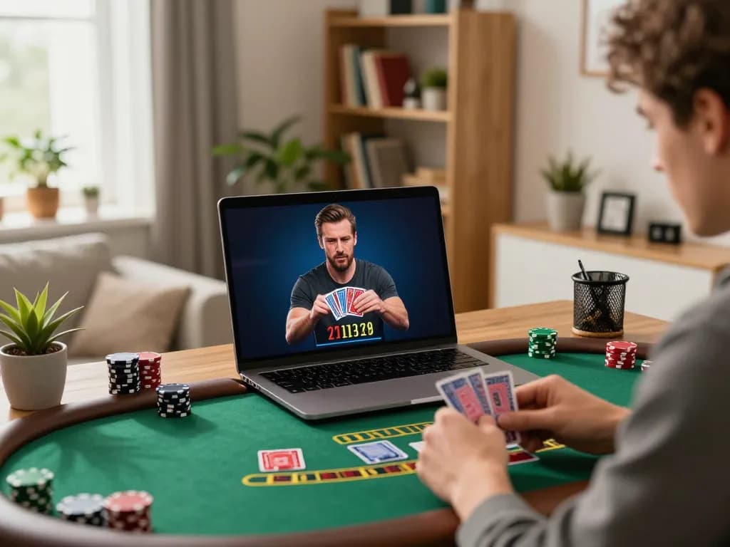 Player engaged in a strategic live dealer game at nhà cái dh88 in a cozy home office.