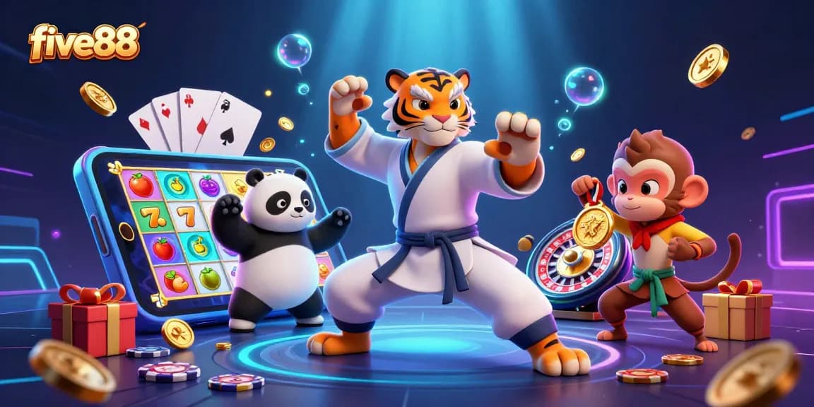 Engage with five88’s vibrant gaming scene, where a kung fu tiger teaches while a monkey steals golden rewards.