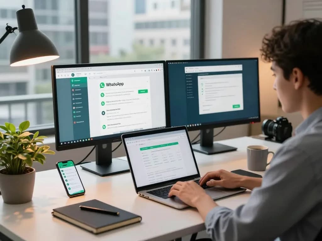 在现代办公工作空间中，使用双显示器的用户正在使用WhatsApp网页版。
