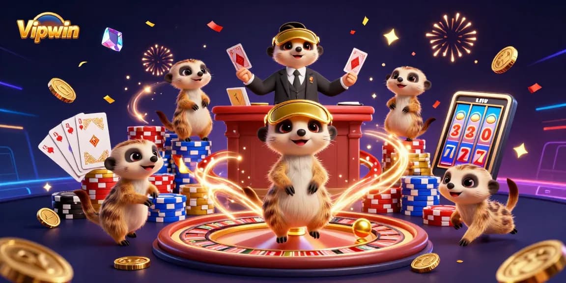 Experience the excitement of Vipwin with a lively casino scene featuring meerkats and vibrant gaming elements.