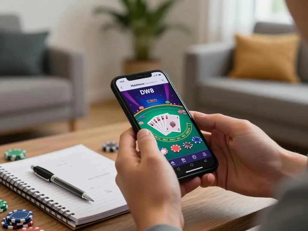 Player engaging with Plataforma DW8 casino app on mobile, enjoying blackjack.