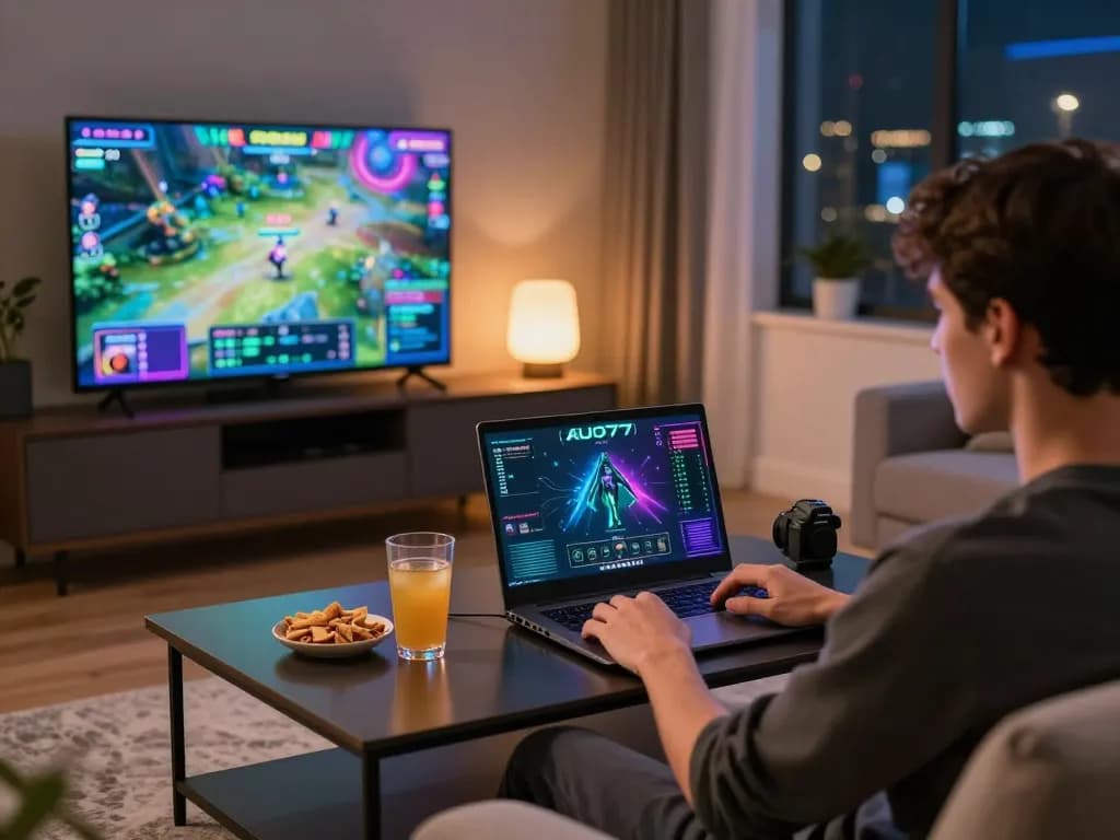 Engaged player using aud77 online gaming interface at home with snacks and vibrant lighting.