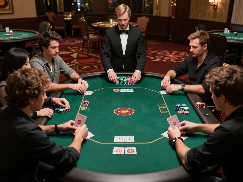 VA88 poker players strategizing their next move at a high-stakes table with intense focus