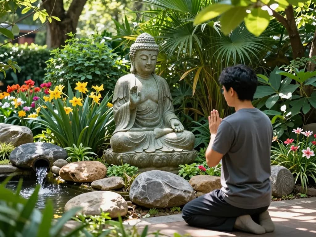 Buddha garten deko mit einer ruhigen Statue in einem üppigen Garten, der einen friedlichen Meditationsraum schafft.