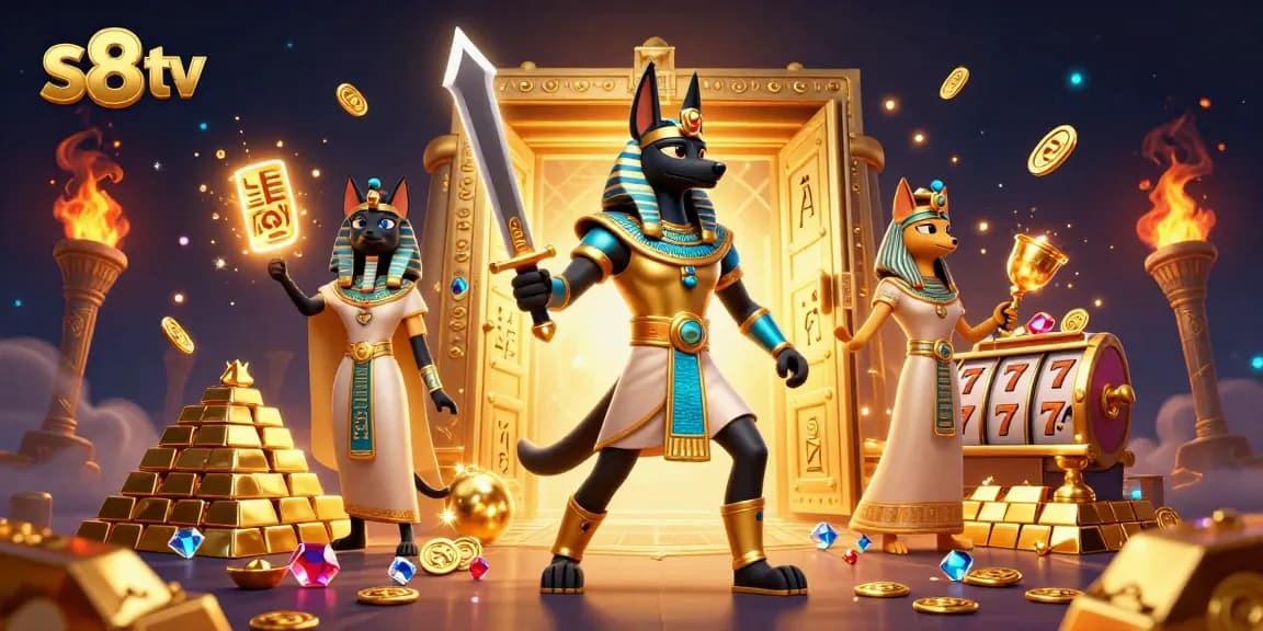Play thrilling games at s8 tv with Anubis and Bastet surrounded by treasures and slot reels.