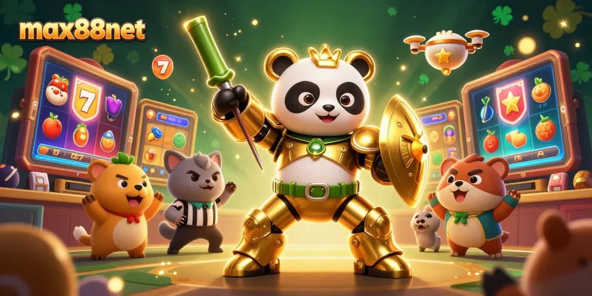 Experience excitement at max88net with a dynamic 3D illustration of a mechanical panda in a vibrant casino setting.