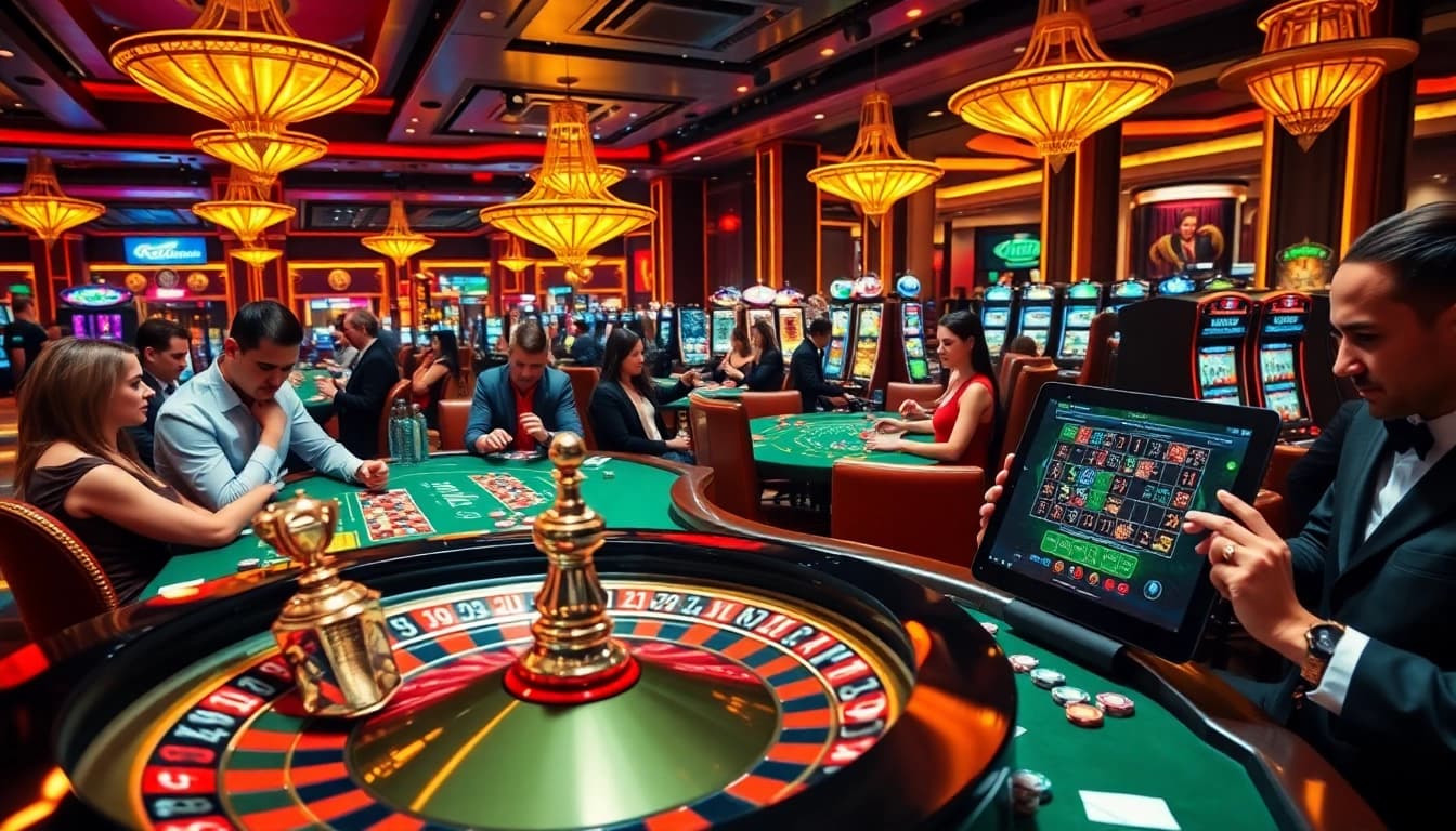 Players strategizing bets at a roulette wheel and poker tables in a luxurious casino scene featuring https://kuwinzhz.com/.