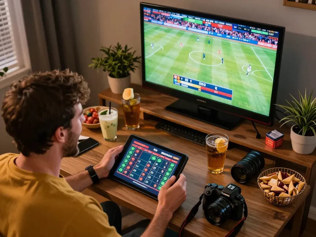 Player engaging in sports betting on bk33 app, celebrating a win in a cozy home setting.