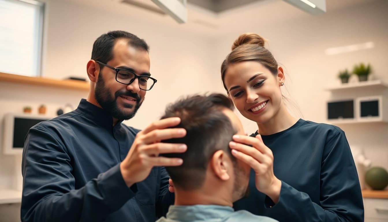 Hair transplant UK specialists in a modern clinic performing hair restoration techniques.