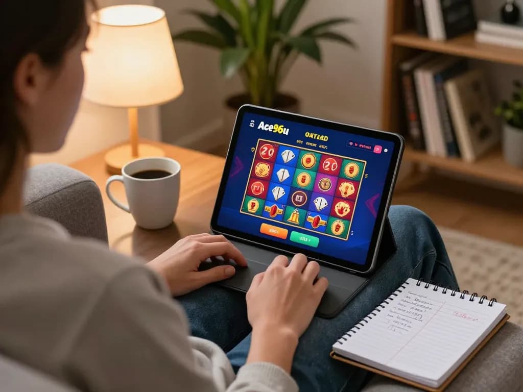 Engaging in online casino gaming on Ace96au with tablet showing colorful interface.