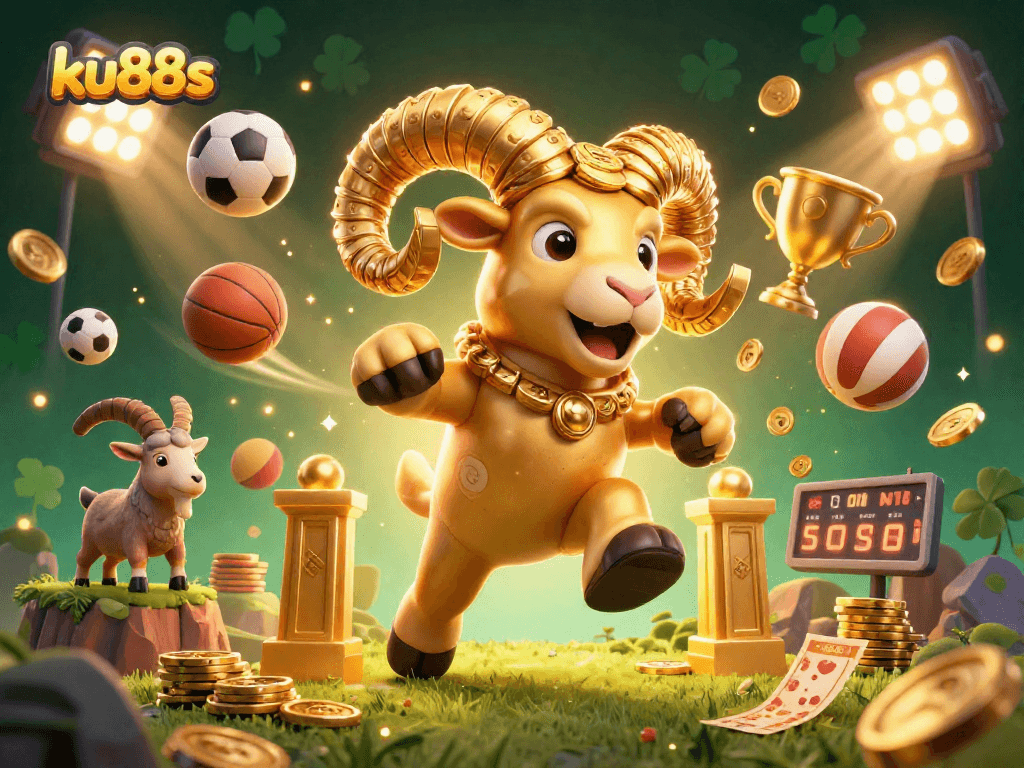 ku88s showcases a dynamic casino scene with a golden ram charging at a gate, surrounded by vibrant sports betting elements.