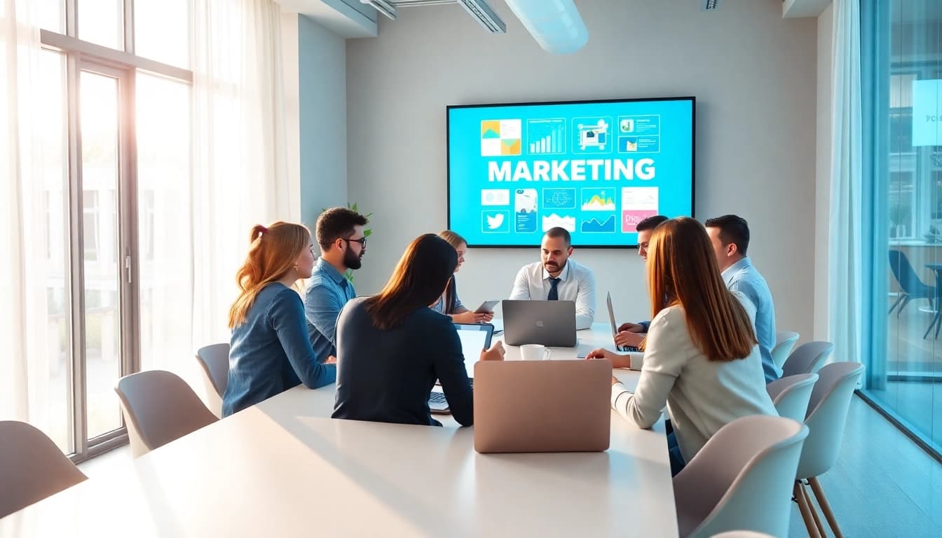 Strategic meeting showcasing Online Marketing strategies in a modern office.