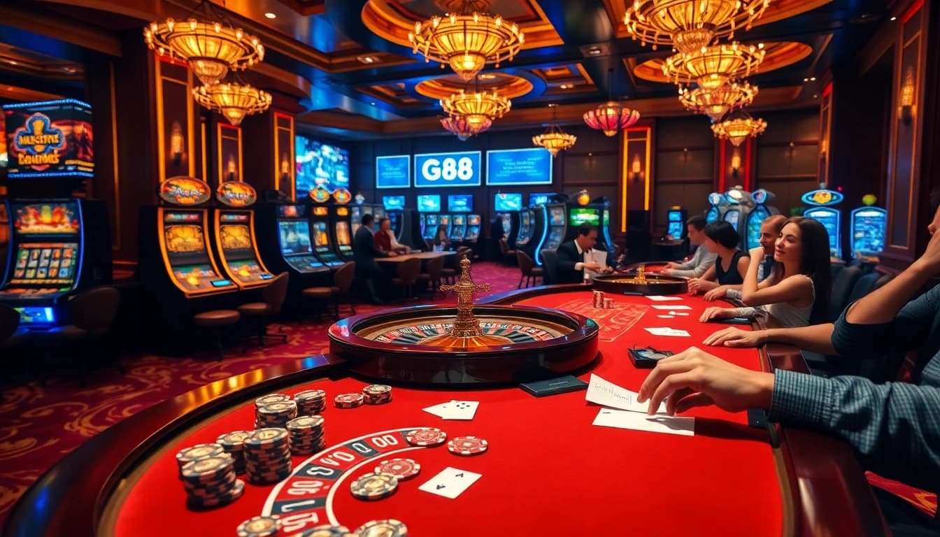 Experience thrilling gameplay and vibrant atmosphere at GG 88 casino, featuring roulette tables and colorful slot machines.