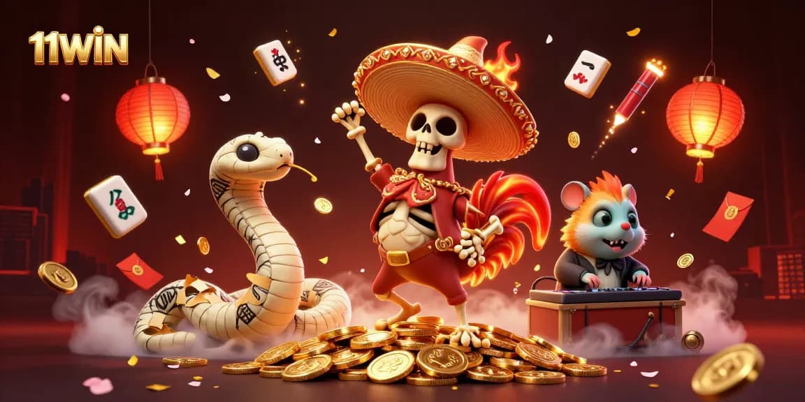 11WIN elevates your gaming with golden coins and festive elements in a vibrant casino scene.