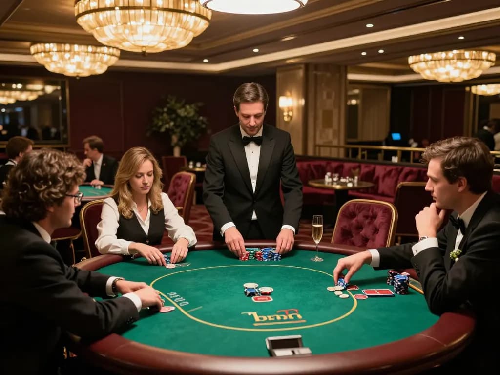 Link vua88 showcases players at a luxurious poker table in an upscale casino, creating a thrilling atmosphere for high-stakes betting.