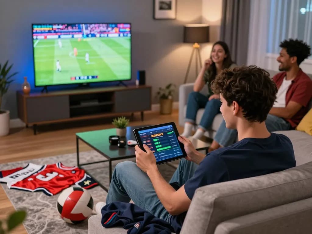 Engaged user placing bets on zbet in a lively living room during a game.