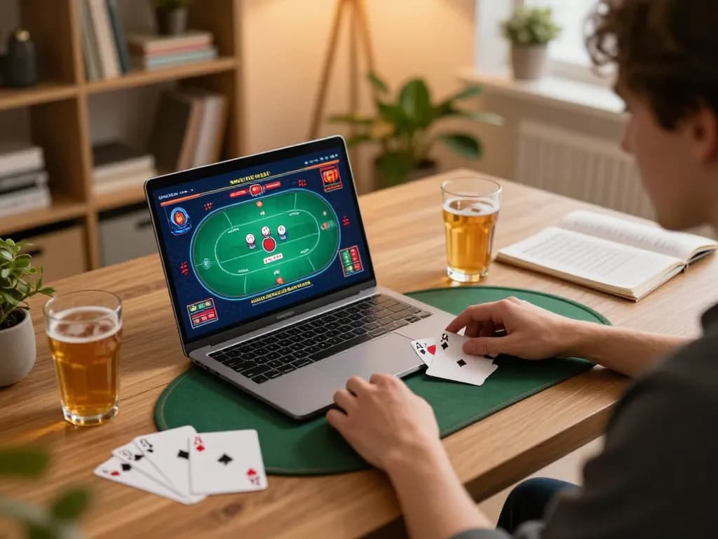 Engaging in lucks8 online poker gameplay at home, showcasing a strategic setup with drinks and game notes.