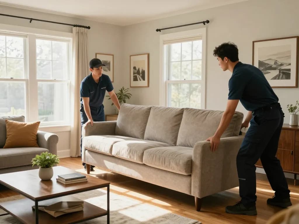 Professional movers conducting furniture removal in a bright living room, ensuring careful handling and respect.