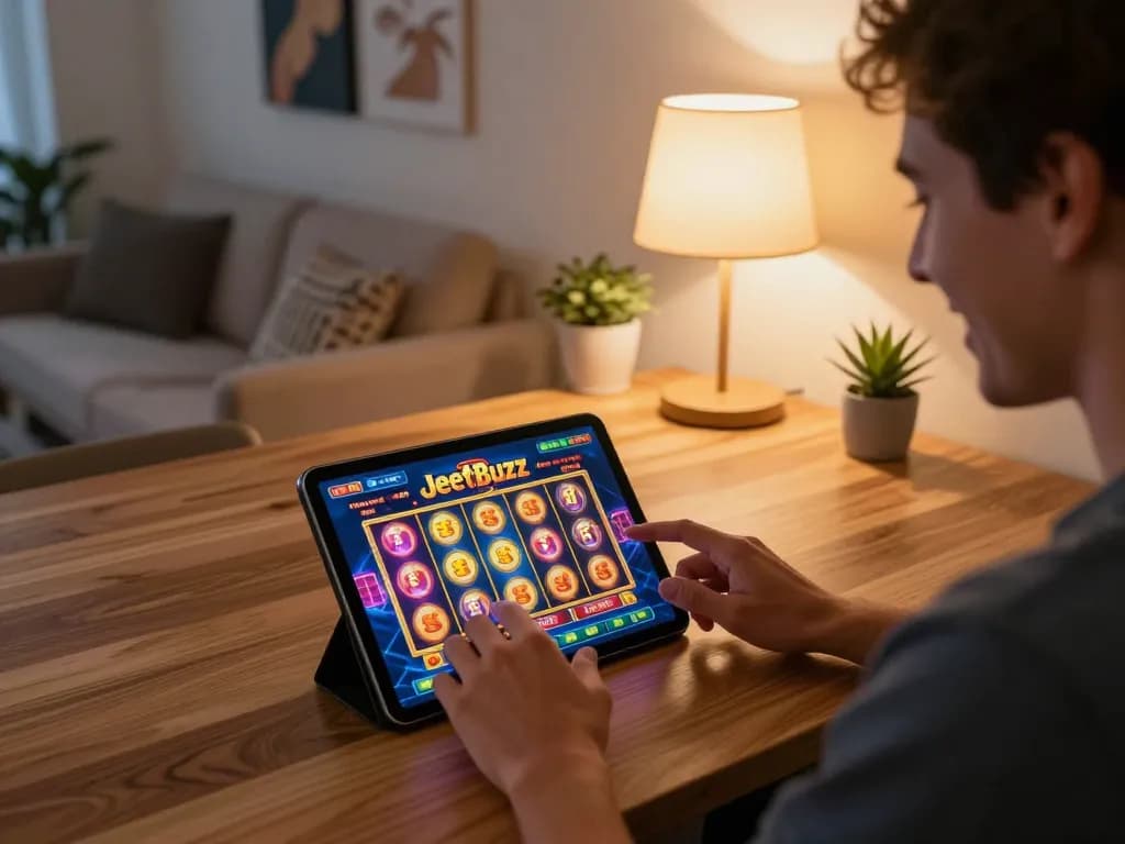 Engaged player enjoying JeetBuzz online casino on a tablet in a cozy living room setting