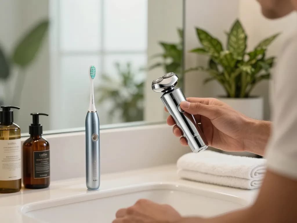 Pflege-Routine mit dem Laifen Europe P3 Pro Rasierer und der Wave Zahnbürste in einem stilvollen Badezimmer.