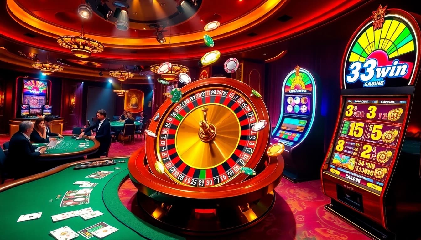 33win casino scene featuring a spinning roulette wheel and vibrant poker chips in an upscale atmosphere.