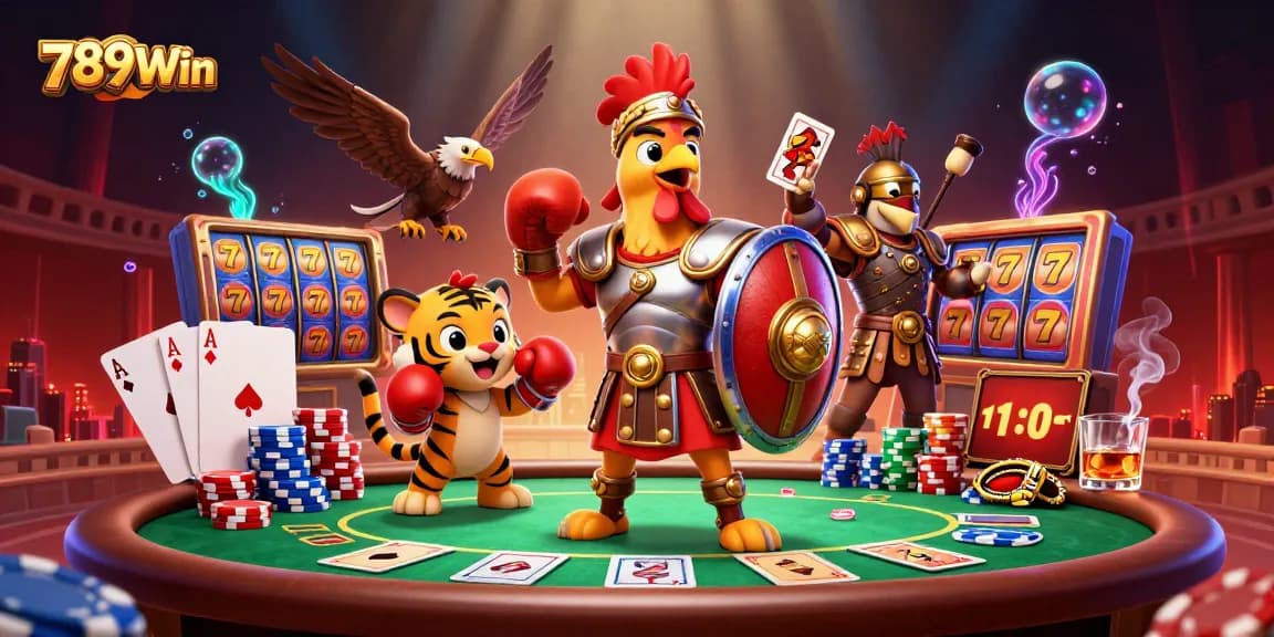 Immerse in the vibrant world of 789Win with dynamic casino characters and action-packed gambling elements.