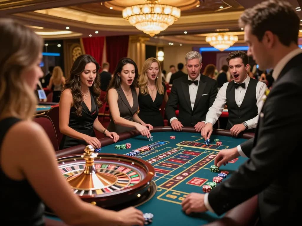 Experience thrilling gameplay at open88's roulette table with players cheering for their bets.