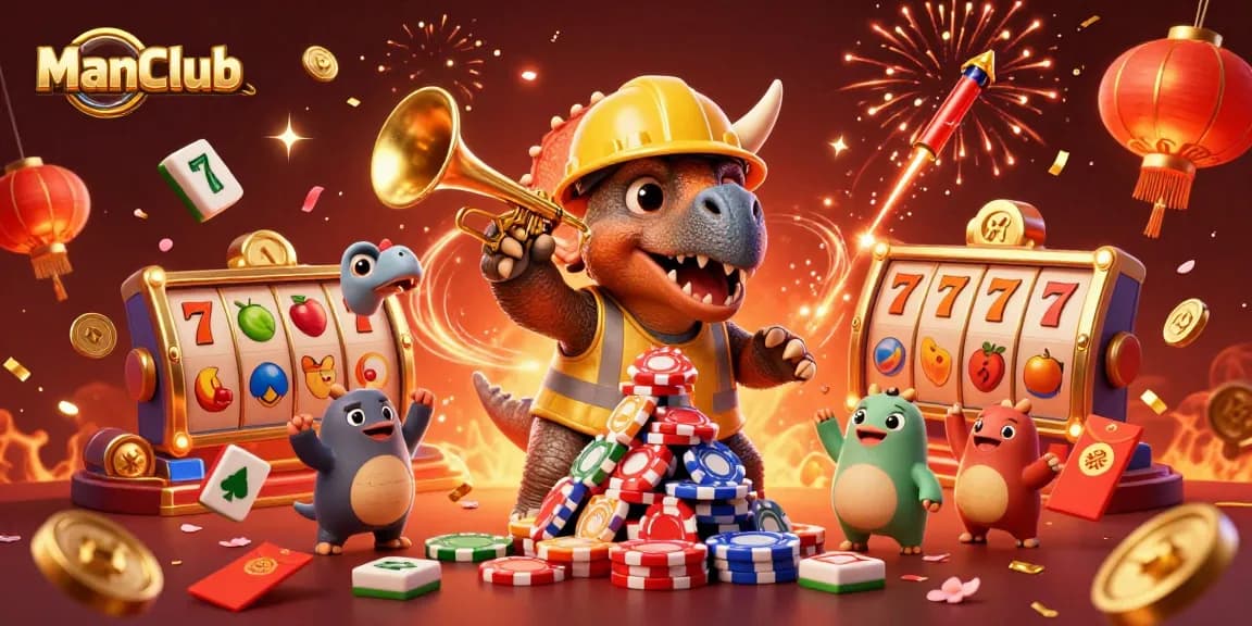 ManClub celebrates winning with vibrant slot games in a dynamic 3D illustration.