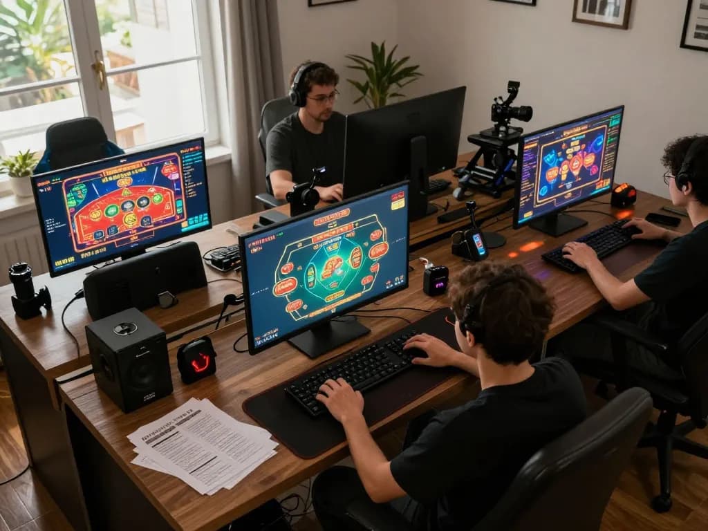 Alo789 player engaging in an exciting online gaming session with multiple screens showcasing various casino games.