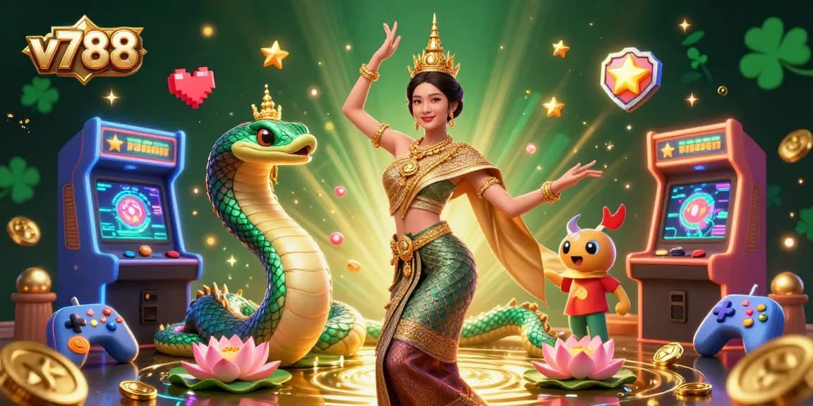Engage with vibrant gameplay at v788 featuring an Asian dancer, Naga serpent, and colorful arcade elements.