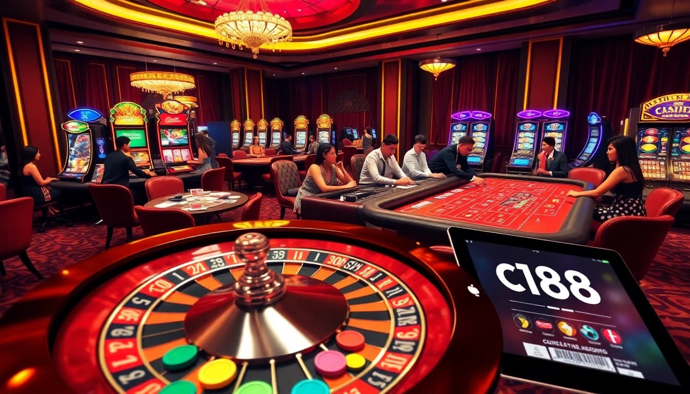 C168 casino scene showcasing vibrant roulette and excited players at a blackjack table.