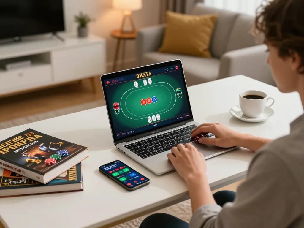 Player enjoying poker at the LLwin center online casino on a cozy desk setup.