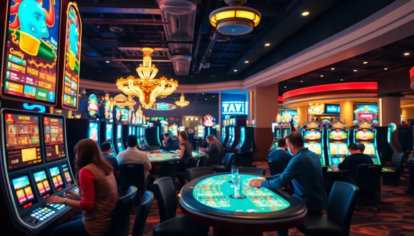 Spannende Atmosphäre der WestAce Casino-Spieler an den Tischen mit lebhaften Lichtern.