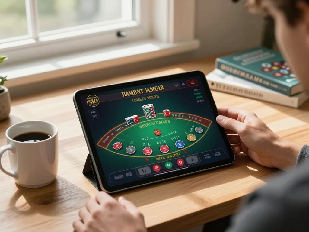 vt88 player enjoying online blackjack on tablet in cozy home setting