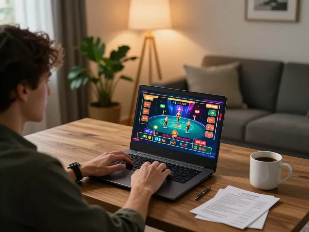Engaging with dagatructiepp via laptop in a comfortable at-home gaming setup, showing online casino dynamics.