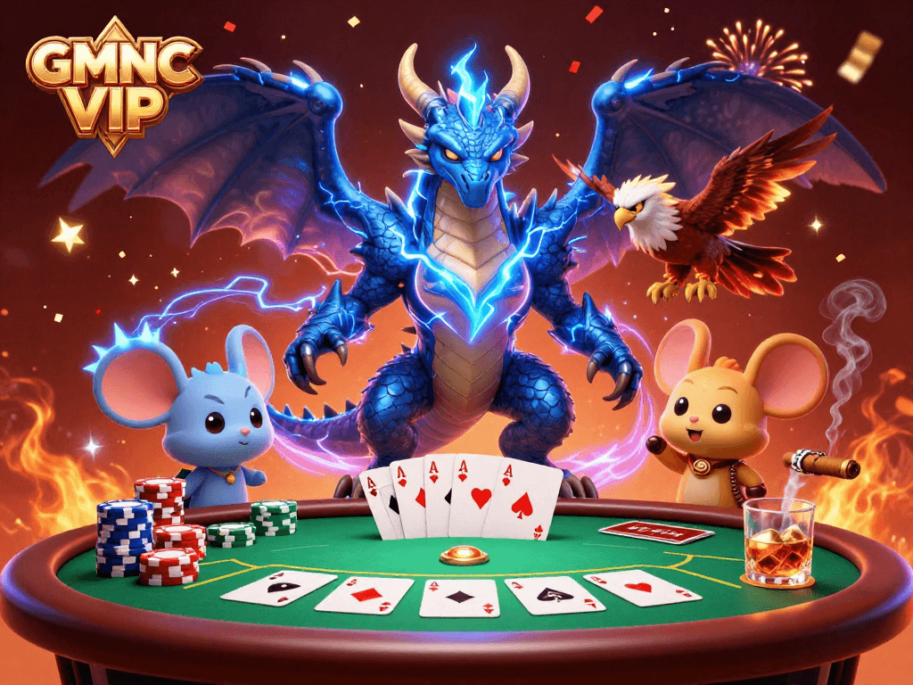Experience GMNC VIP's thrilling poker scene with dynamic characters and vibrant casino elements.